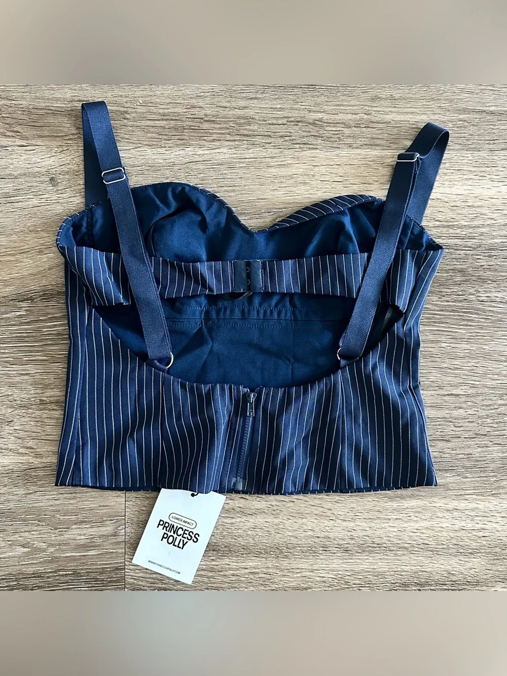 Princess Polly Briana Set Navy Pinstripe Bustier Crop Top & Wide Leg Pant US 6